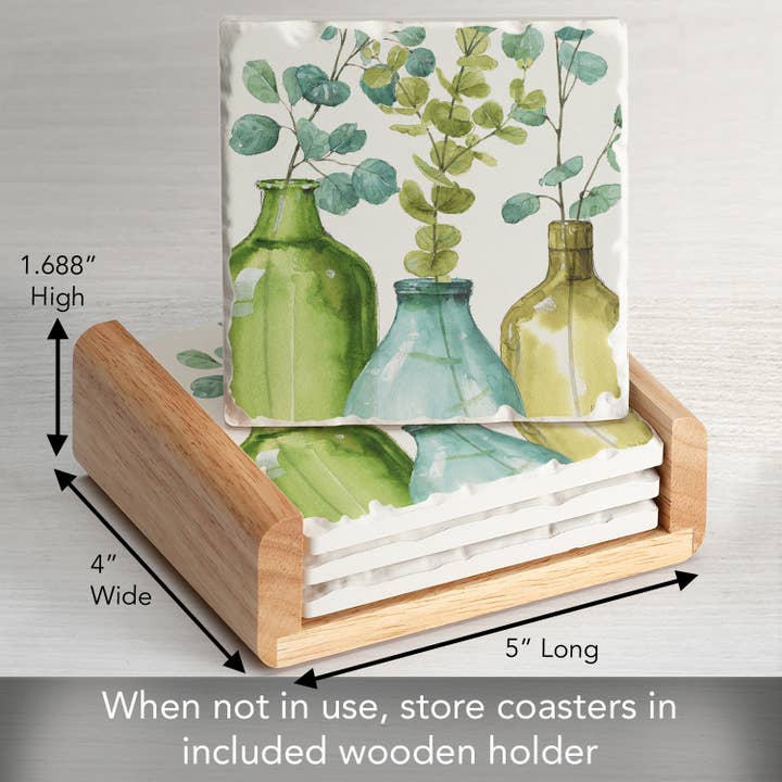 Conimar Promotions - Wholesale Coasters - Greenery 4-Pack Stone Coasters in Wooden Holder4