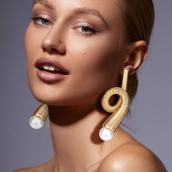Oversized Pearl Tip Metal Wired Abstract Earrings for wholesale by Sensibling Corp.