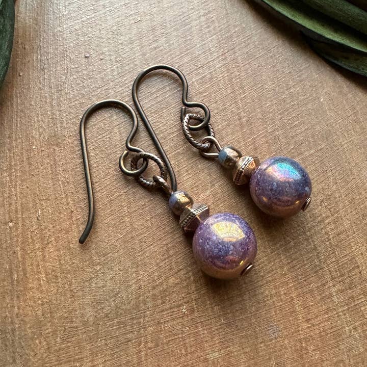 Lilac Iris Purple Czech Glass Copper Dangle Drop Earrings for wholesale by Vintage Earth