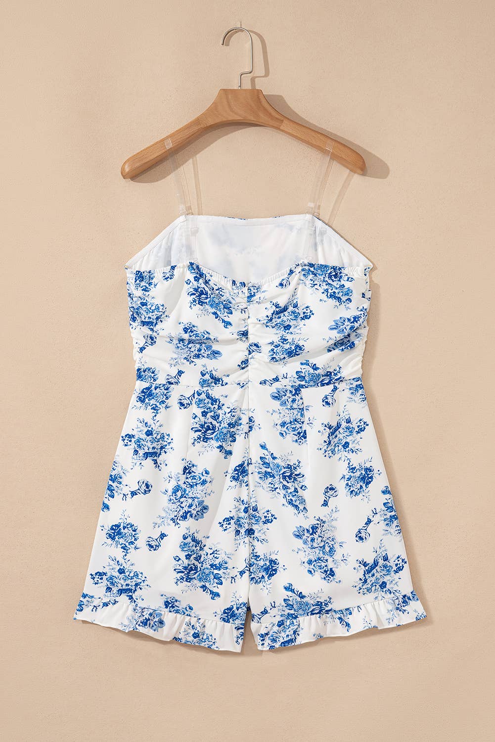 Blue Floral Print Strapless Zipped Back Knot Waist Ruffled Romper for wholesale on Faire4