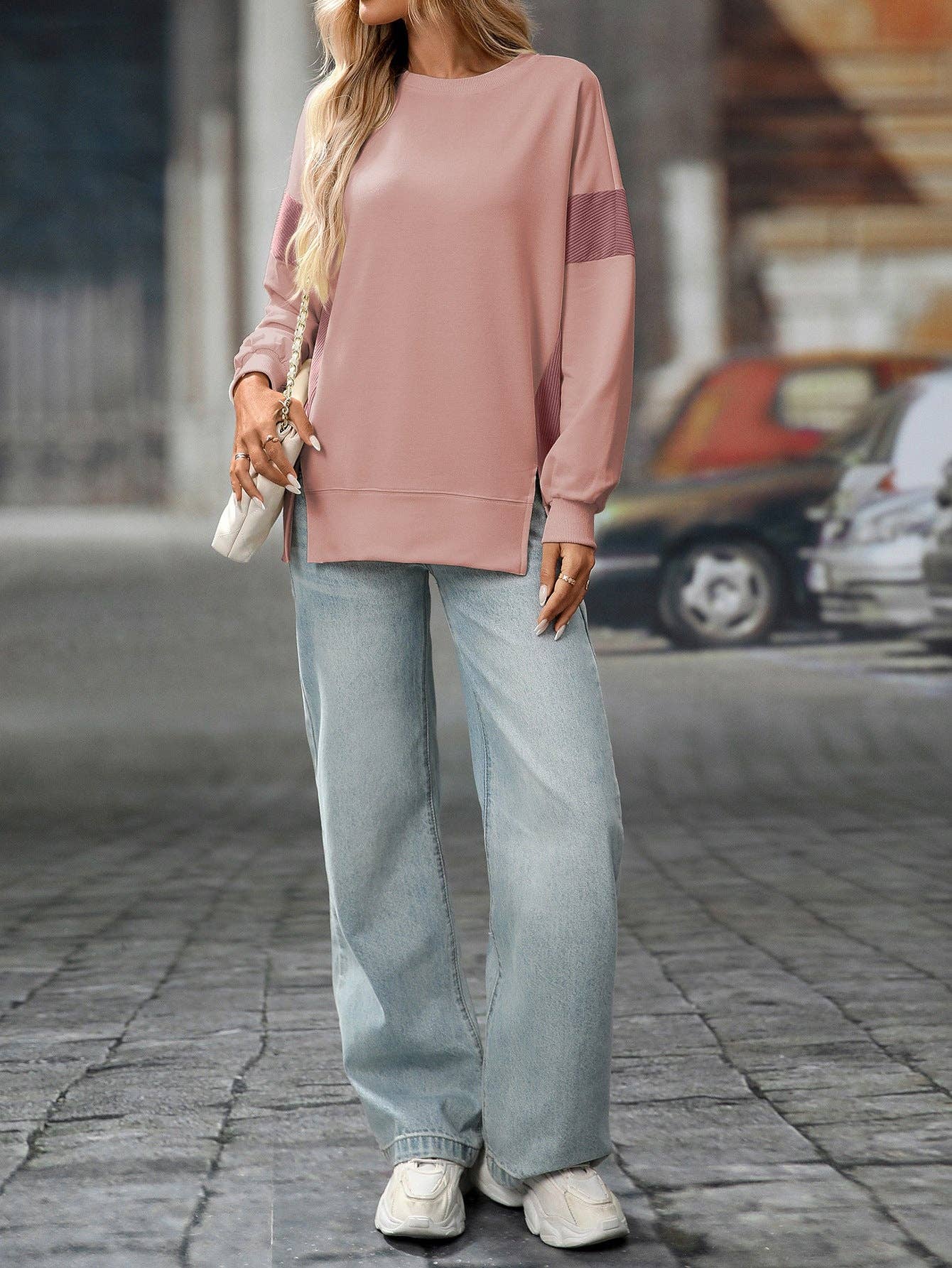 Suhkasana – wholesale Sweatshirt - Dam – Rosa färgblock rundhalsad löst sittande sweatshirt-topp6