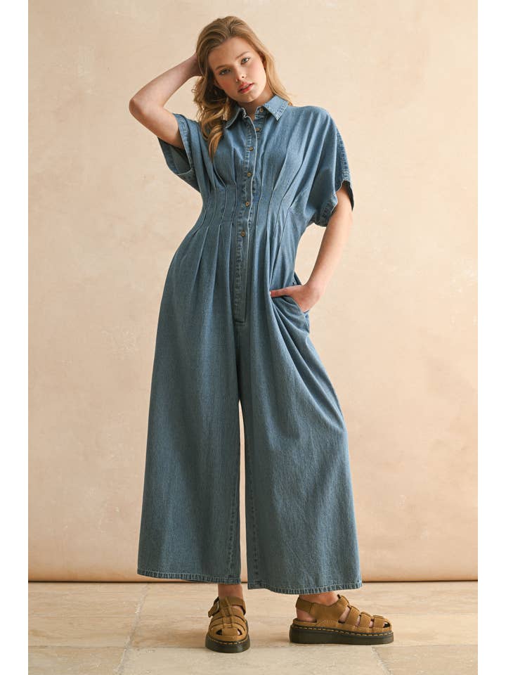 JU5542 CHAMBRAY DENIM BUTTON DOWN JUMPSUIT for wholesale on Faire3
