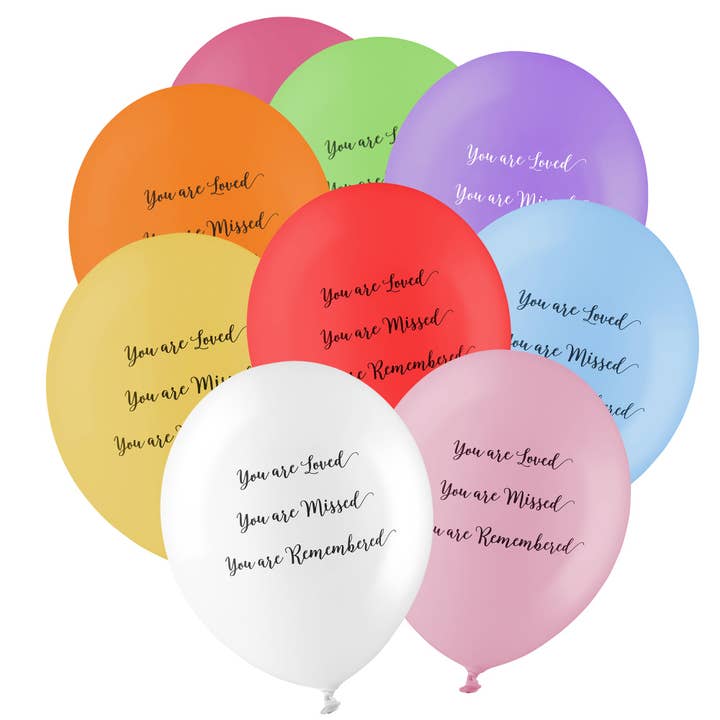 25 Rainbow 'You are Loved, Missed, Remembered' Funeral Remembrance Balloons for wholesale by Angel & Dove