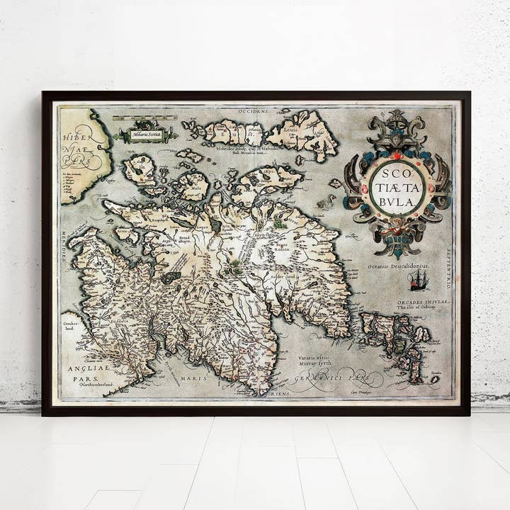 Oude kaart van Schotland 1602 Zeemonsters Vintage kaart van Schotland | Vintage kaart muurkunst print voor wholesale door OldCityPrints - Old Maps and Posters