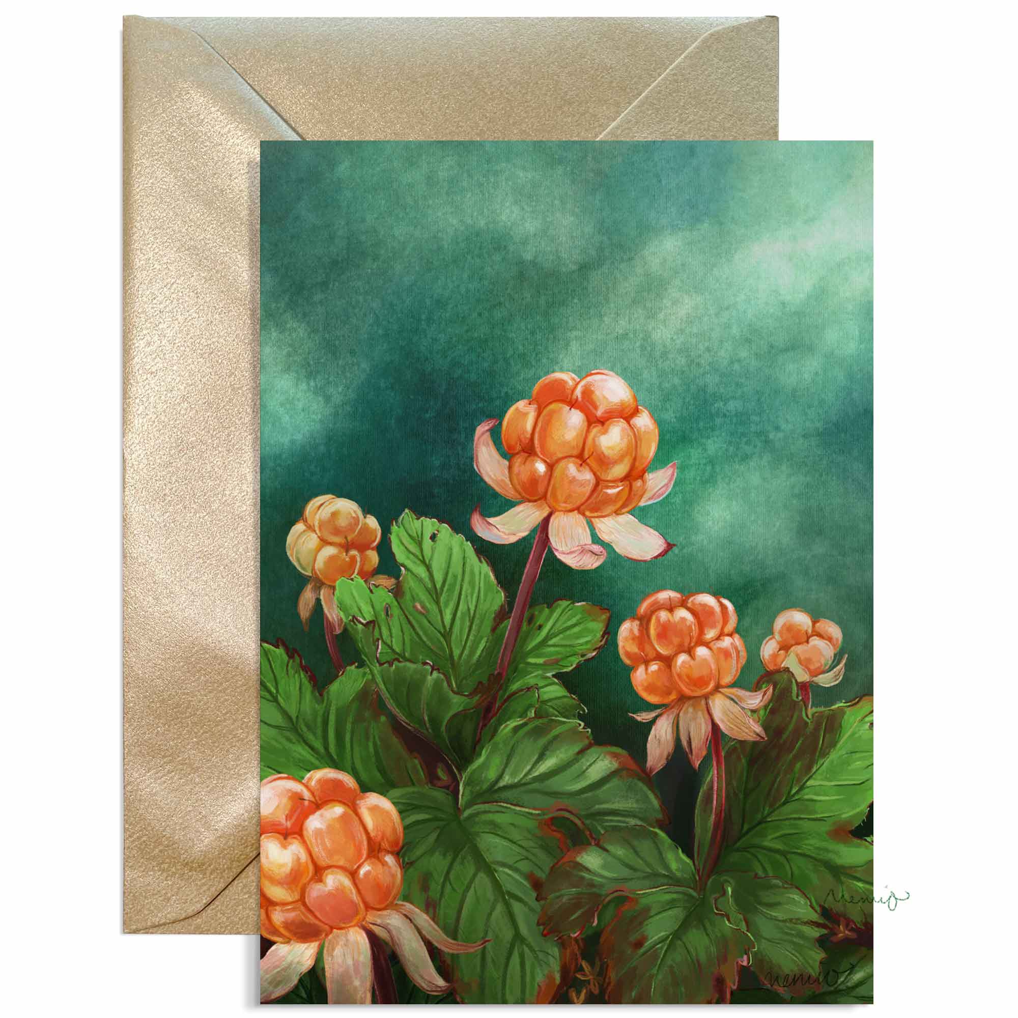 Memio Illustrated Designs - Wholesale Gewone wenskaart - A6 Multer / Cloudberries Kaart + lichtgouden envelop0
