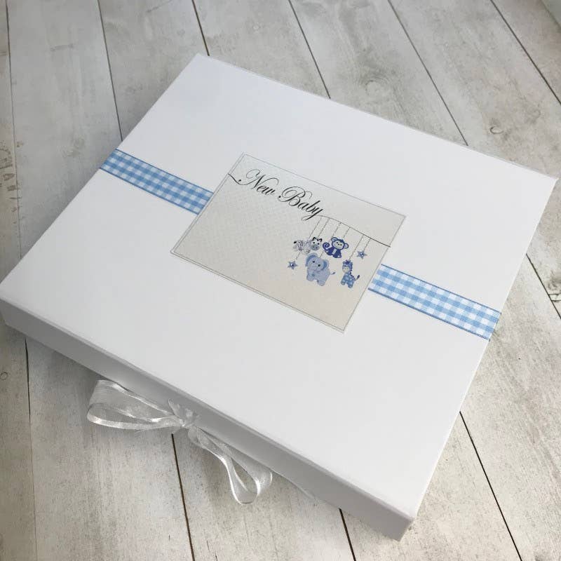 White Cotton Cards – wholesale Keepsake box – Child & baby – Baby Blue Hanging Toys Set with Album, Keepsake Box & Book1