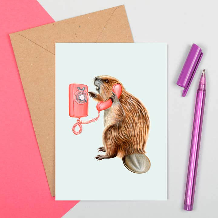 Carte de vœux Beaver on the phone pour la vente par Sardines Studio
