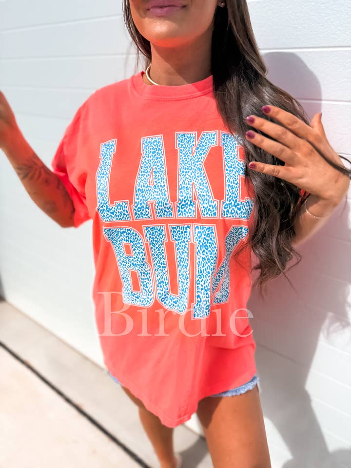 Leopard Lake Bum Graphic Tee on Neon Red Orange for wholesale by birdie