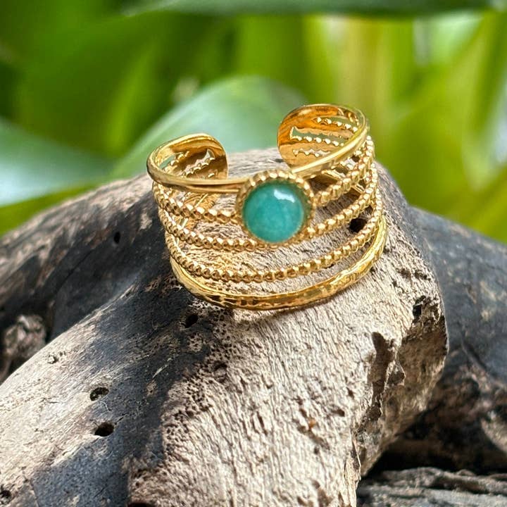 18ct Gold Plated Amazonite Multi Band Adjustable Ring for wholesale by Ocean Ripples