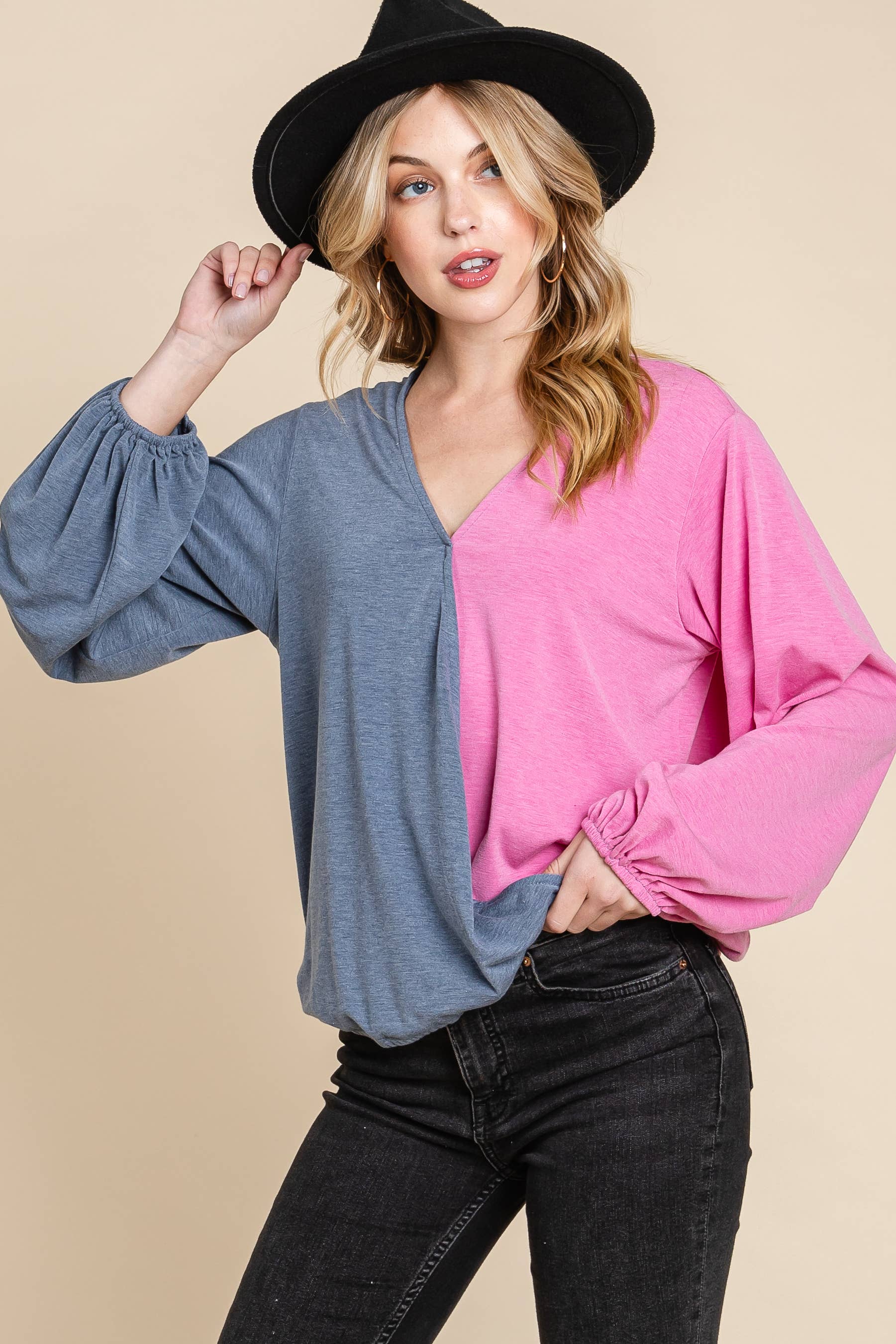 Emerald Collection - Vendita all'ingrosso Top in maglia - Donna - ETK-8561-PL Top Surplice Color Block Plus Size3