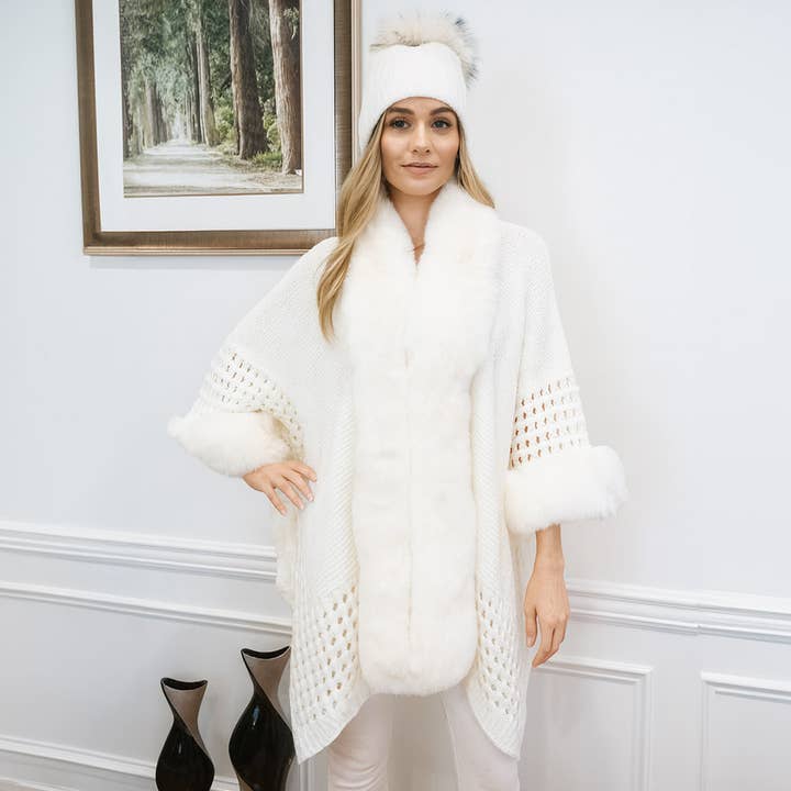 Faux Fur Trim Open Knit Cape Poncho for wholesale by Sensibling Corp.
