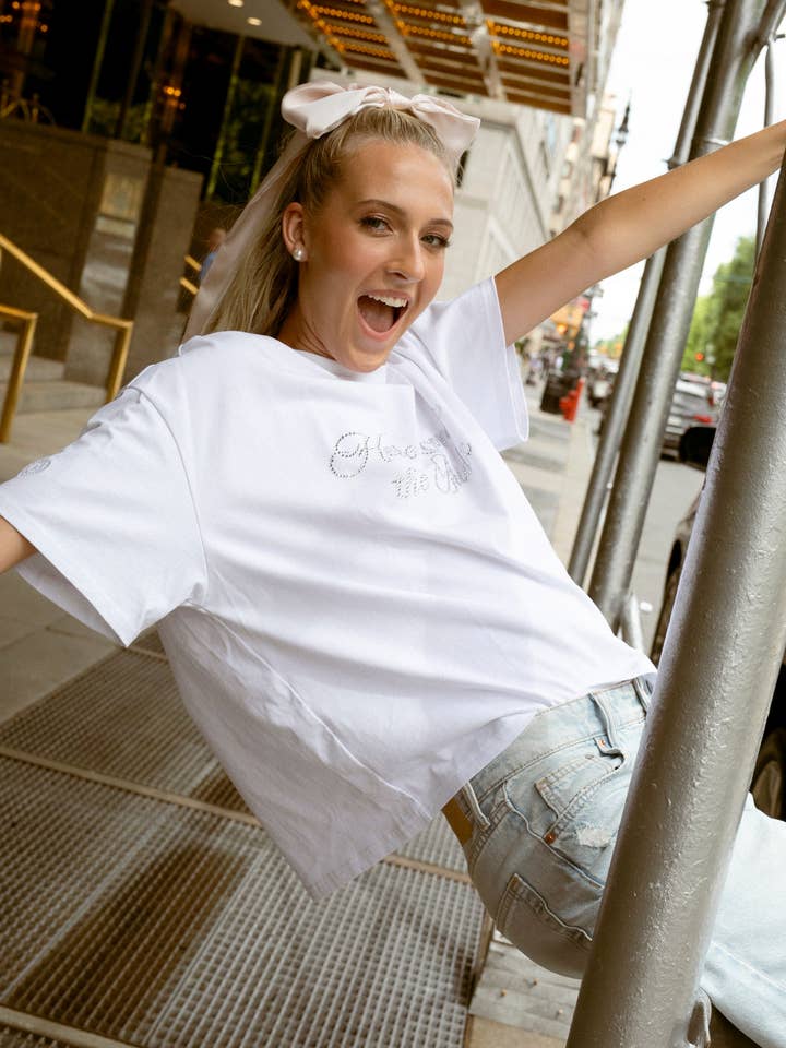 BRIDEMERCH – wholesale Screen printed t-shirt – Women′s – HERE COMES THE BRIDE RHINESTONE CREW