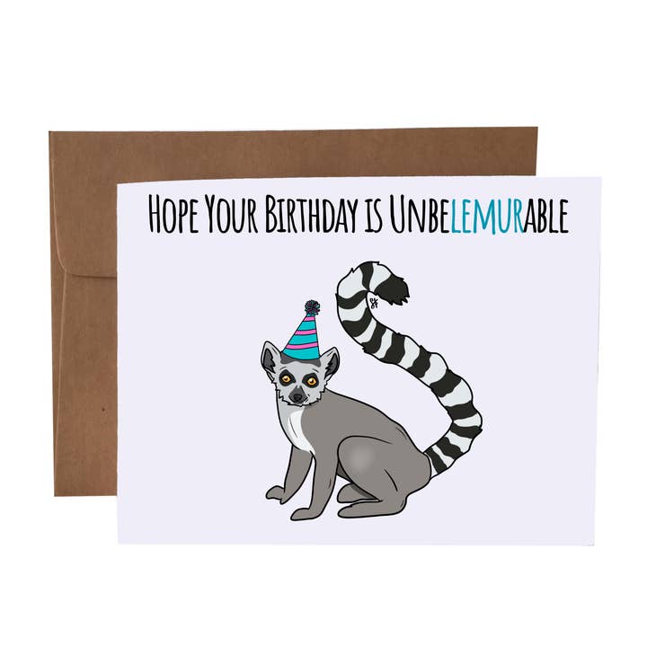 Hope Your Bday is Unbelemurable | Lemur Pun Greeting Card for wholesale by SKP ink
