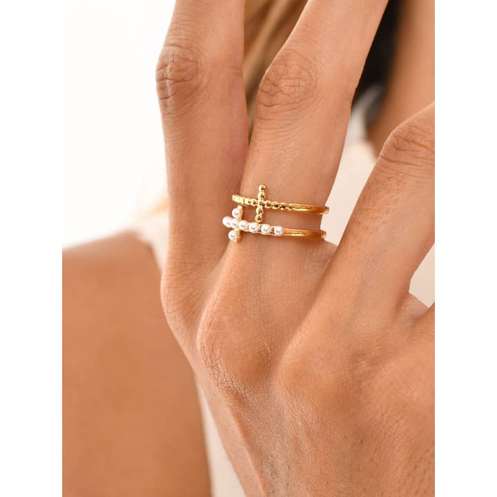 gold Double Cross Adjustable Steel Ring for wholesale on Faire