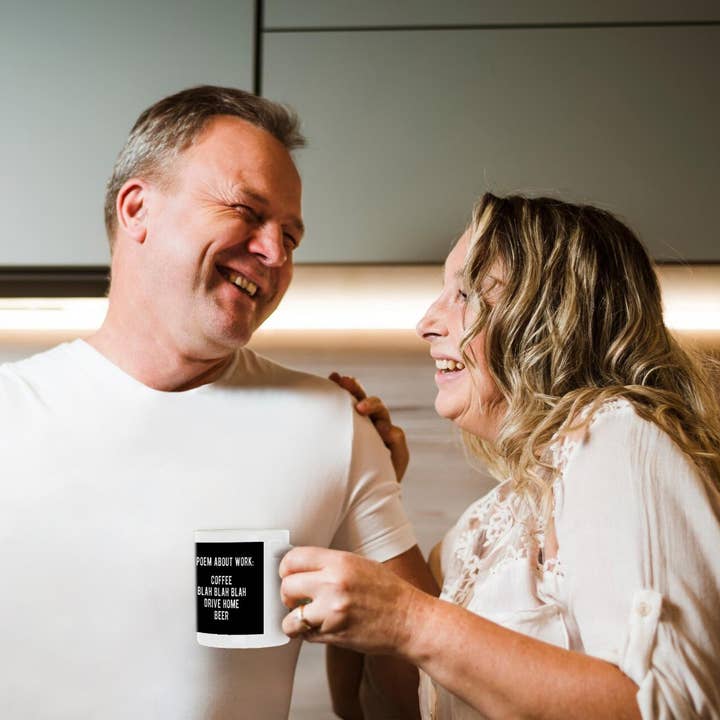 3dRose - Wholesale Coffee Mug - 3dRose, A poem about work coffee blah blah blah drive home beer white on black, Mug10