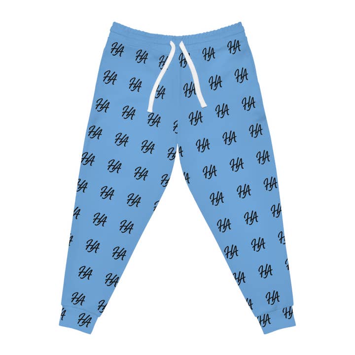 Light Blue Fleece Joggers — All-Over Script 'HA' Monogram Sweatpants for wholesale by Henry Athletics