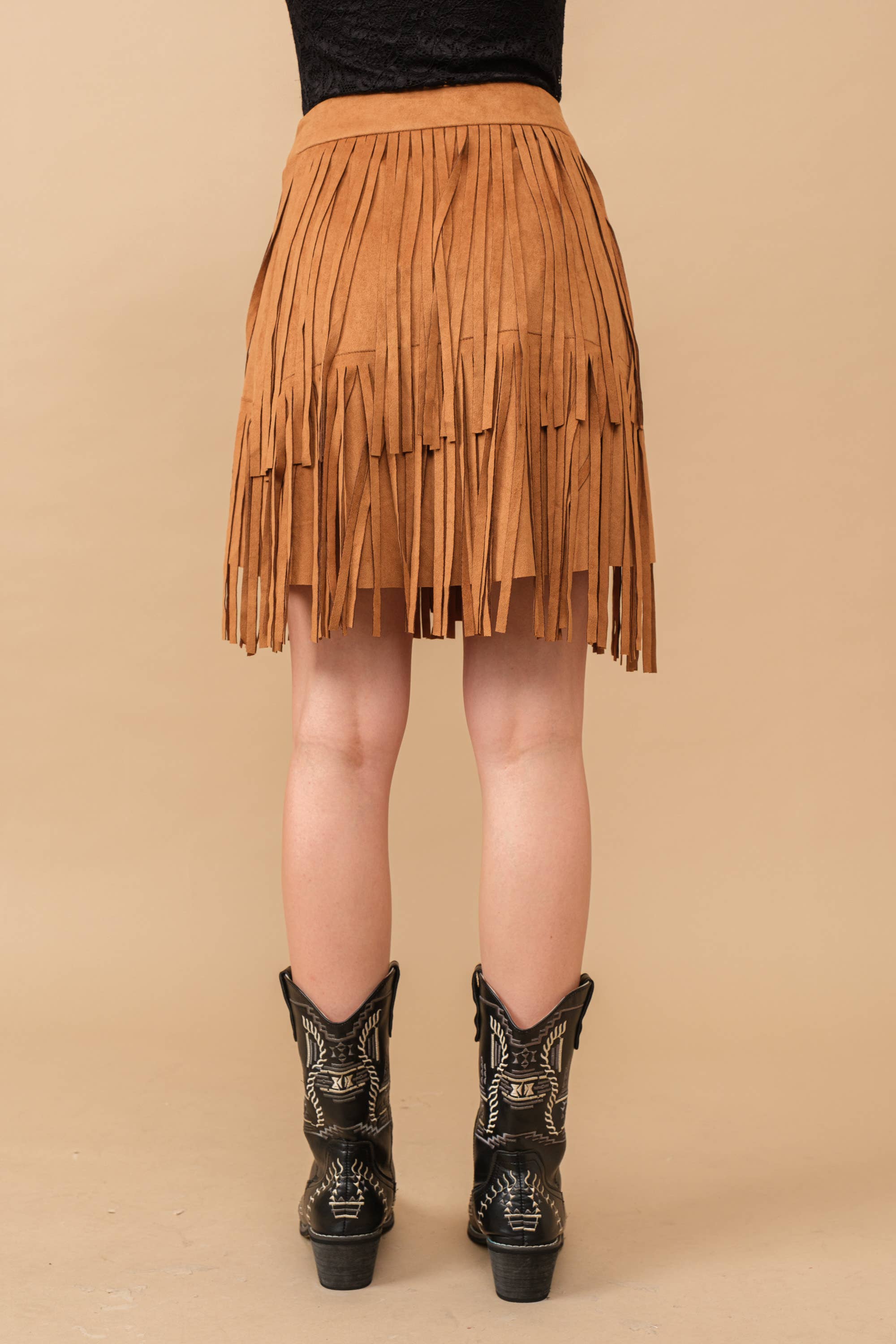 TAN 12135S-N - Faux Suede Wrap Snap Closure Fringe Western Skirt for wholesale on Faire2