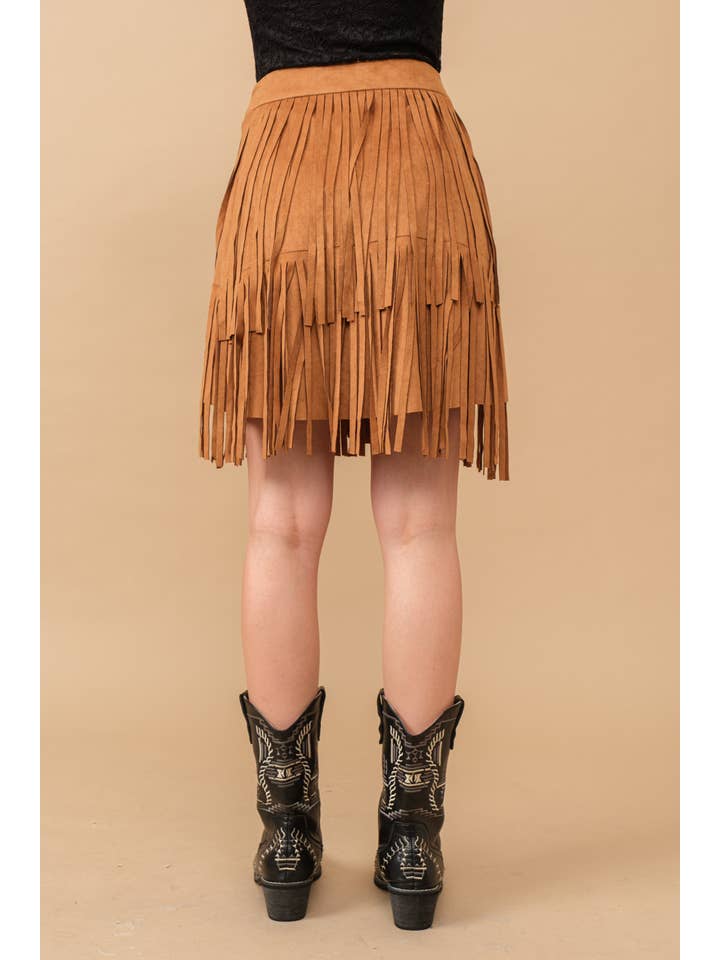 TAN 12135S-N - Faux Suede Wrap Snap Closure Fringe Western Skirt for wholesale on Faire2