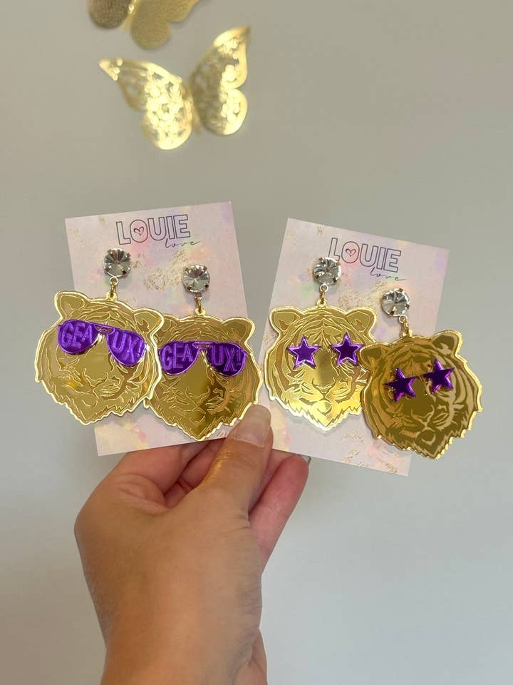 Gold Purple Acrylic Tiger Face Rockstar Geaux Earrings for wholesale by Louie Love