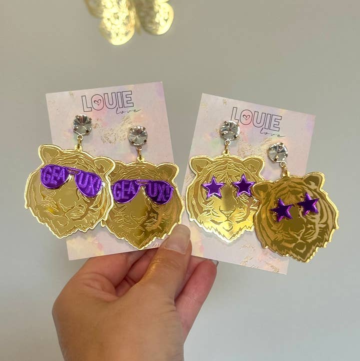 Louie Love - Wholesale Dangle Earrings - Gold Purple Acrylic Tiger Face Rockstar Geaux Earrings2