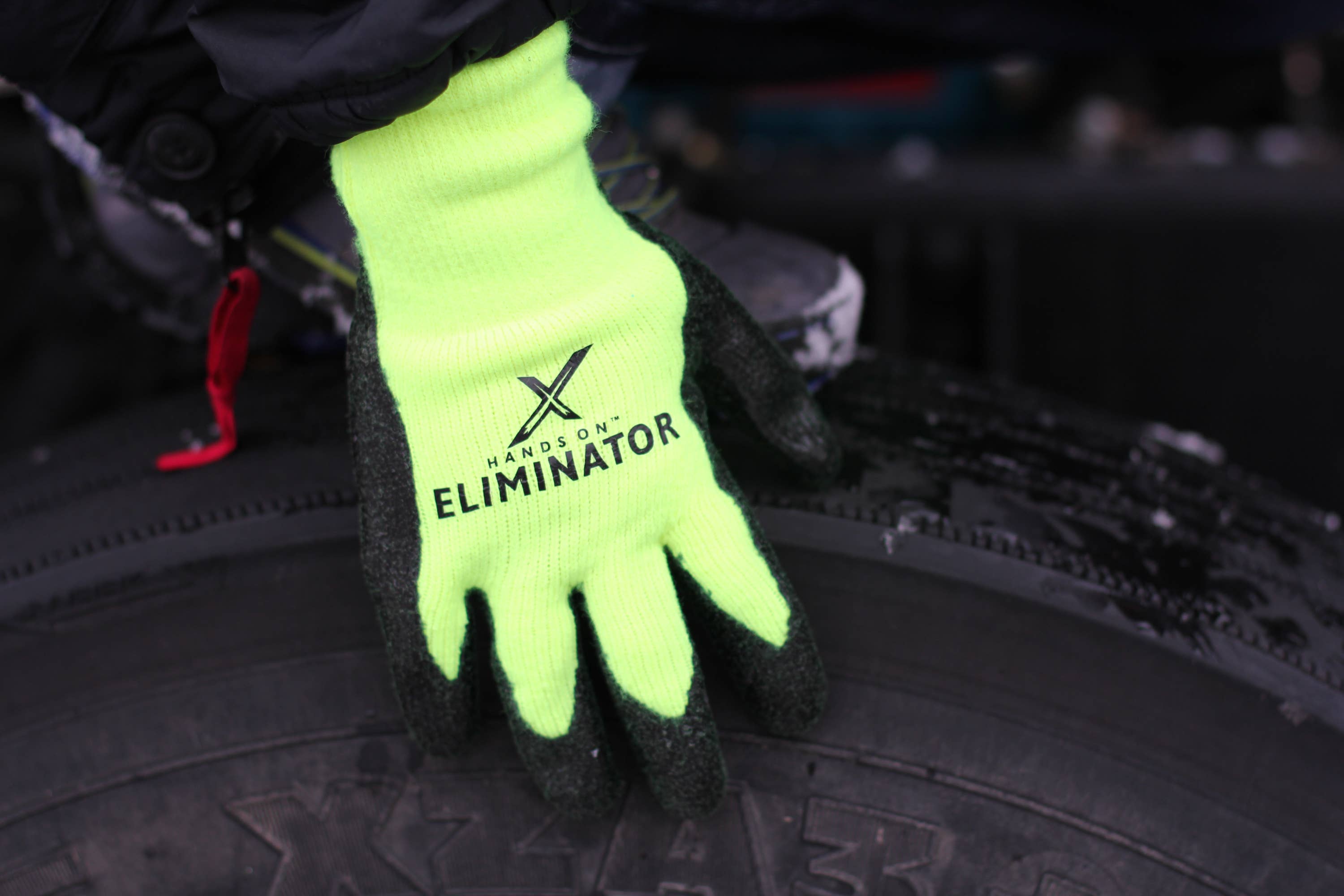 Hi Viz Green Black HANDS ON™ Lined Smooth Nitrile Coated Gloves for wholesale on Faire1