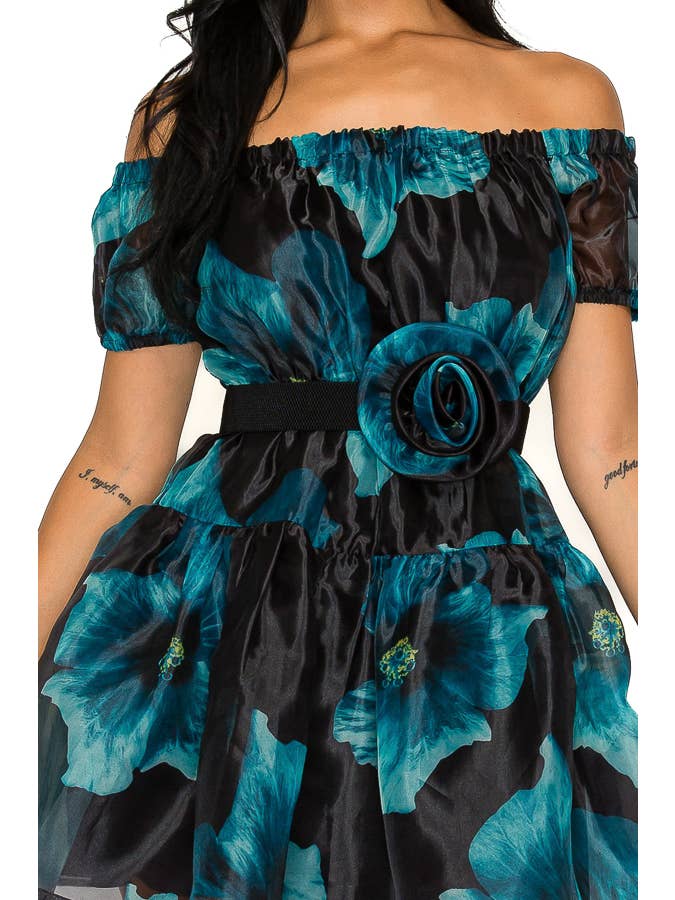 Miss Avenue - Vente Robe – femme - DM3812 ORGANZA FLORAL À ÉPAULES DÉNUDÉES AVEC ROBE CEINTURÉE7