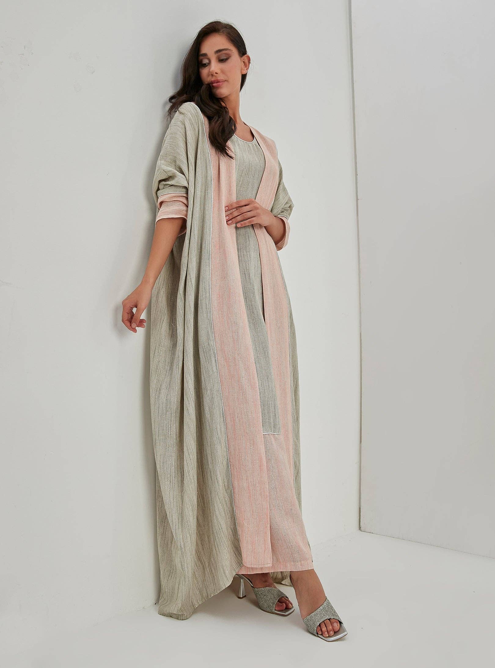 Store WF – wholesale Kaftan – Women's – Linen Cotton Silver Glitter Three Pice Abaya Set15