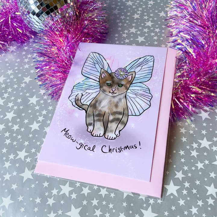 Just Daydreaming – wholesale Christmas card – Whimsical Magical Cat Christmas Card, Fairy Kitten Christmas