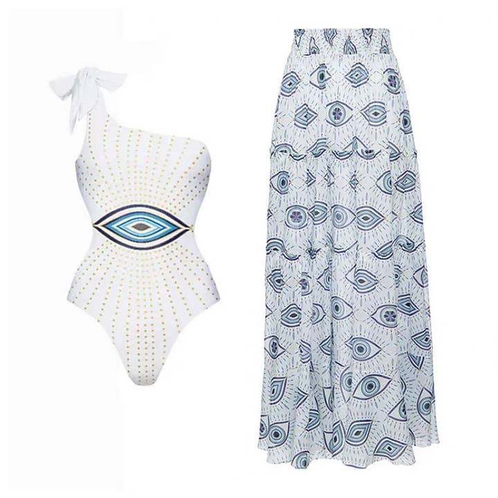 White Eye of The Devil One Piece Swimwear with Skirt Cover Y216 for wholesale on Faire