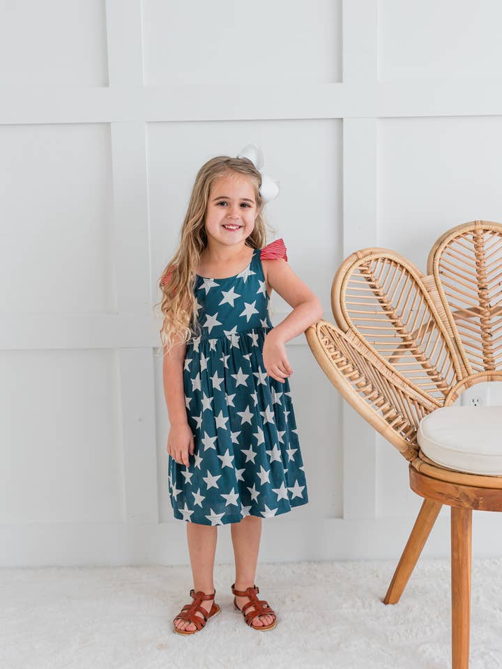Yo Baby - Wholesale Dress - Kids - Navy Star Print Sleeve Ruffled Gathered Dress : Infant : Baby : Toddler : Tween : Kids