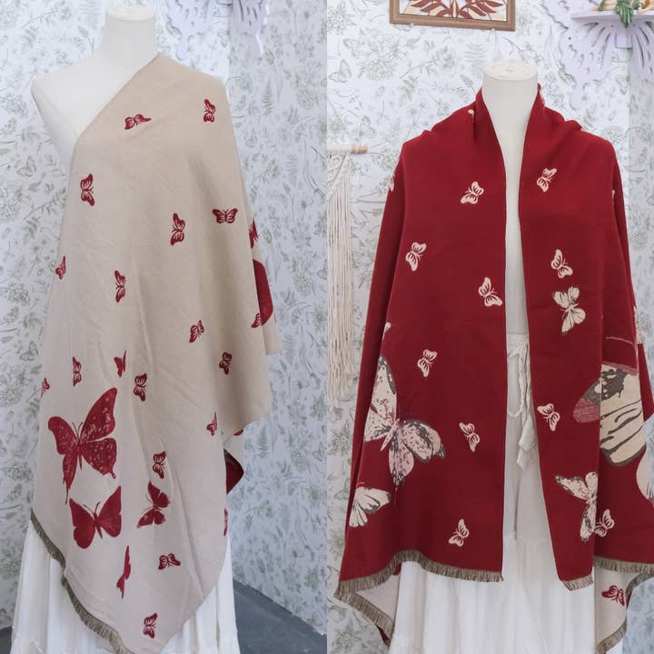 Karma Nepal Crafts - Wholesale Wrap - Women's - Reversible Butterfly Oversized Fall Winter Shawls11