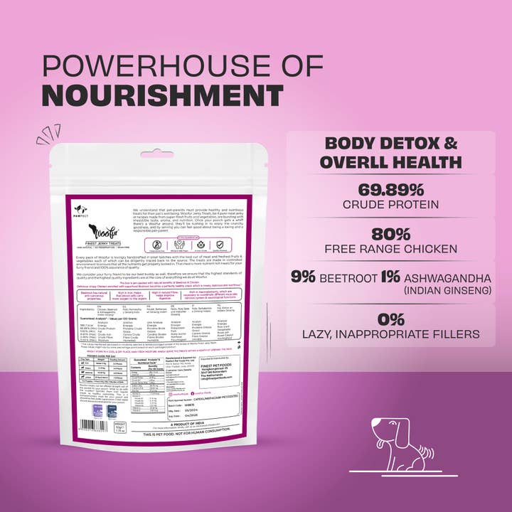 Pawfect Foods – wholesale Pet treats – Dog – Pawfect Woofur Chicken & Beetroot Jerky Treats for Dogs | Air-Dried | All-Natural | Grain-Free | Antioxidants for Heart Health & Vitality (50g/1.76oz)1