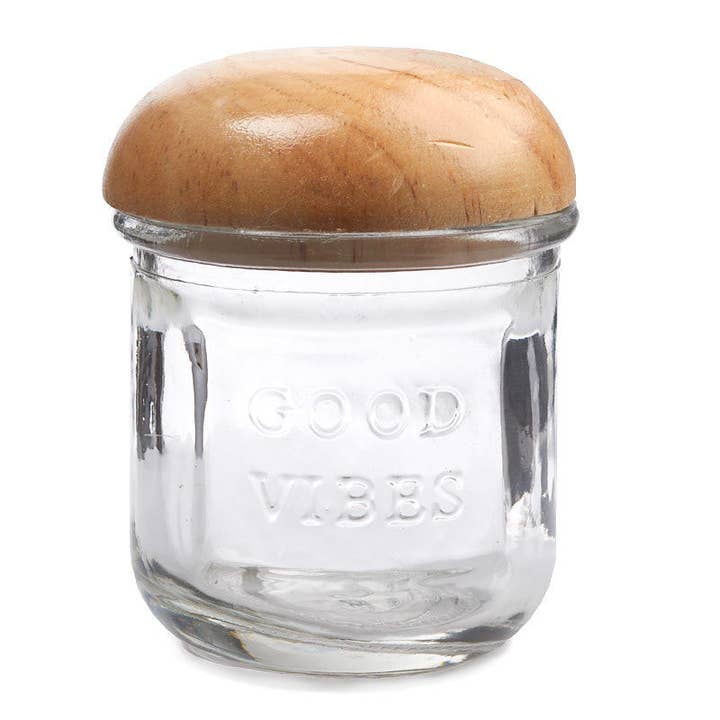 Factory Direct Craft - Wholesale Jar - Embossed Glass Jar w/ Domed Natural Wood Lid - Select Saying