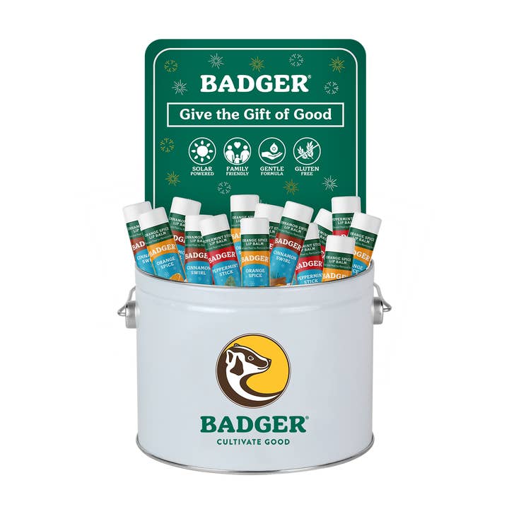 Holiday Bucket of Jumbo Lip Balms for wholesale by Badger Balm
