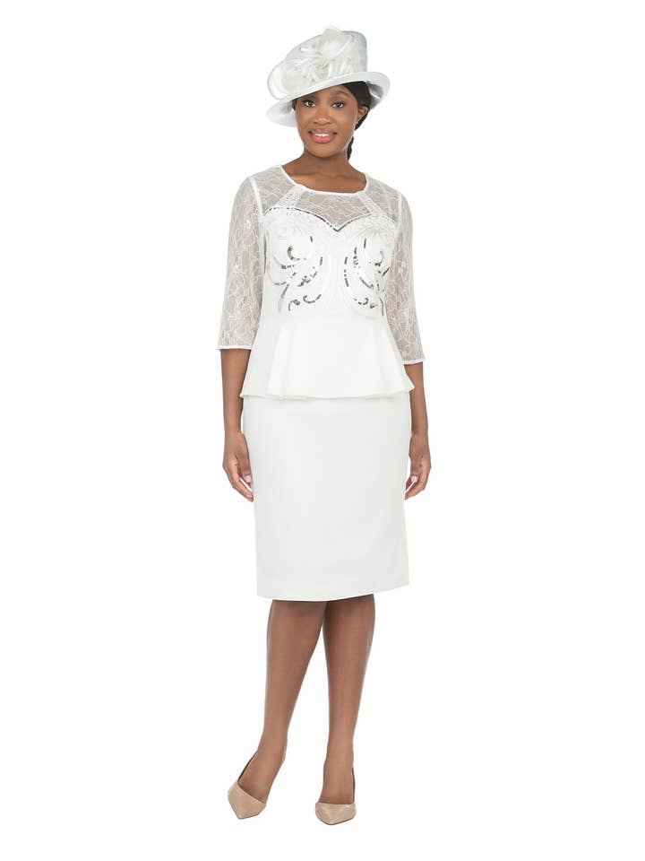 OFF WHITE 3/4 Slv Shift Drs w/ Peplum Waist and Sequins-Plus for wholesale on Faire0