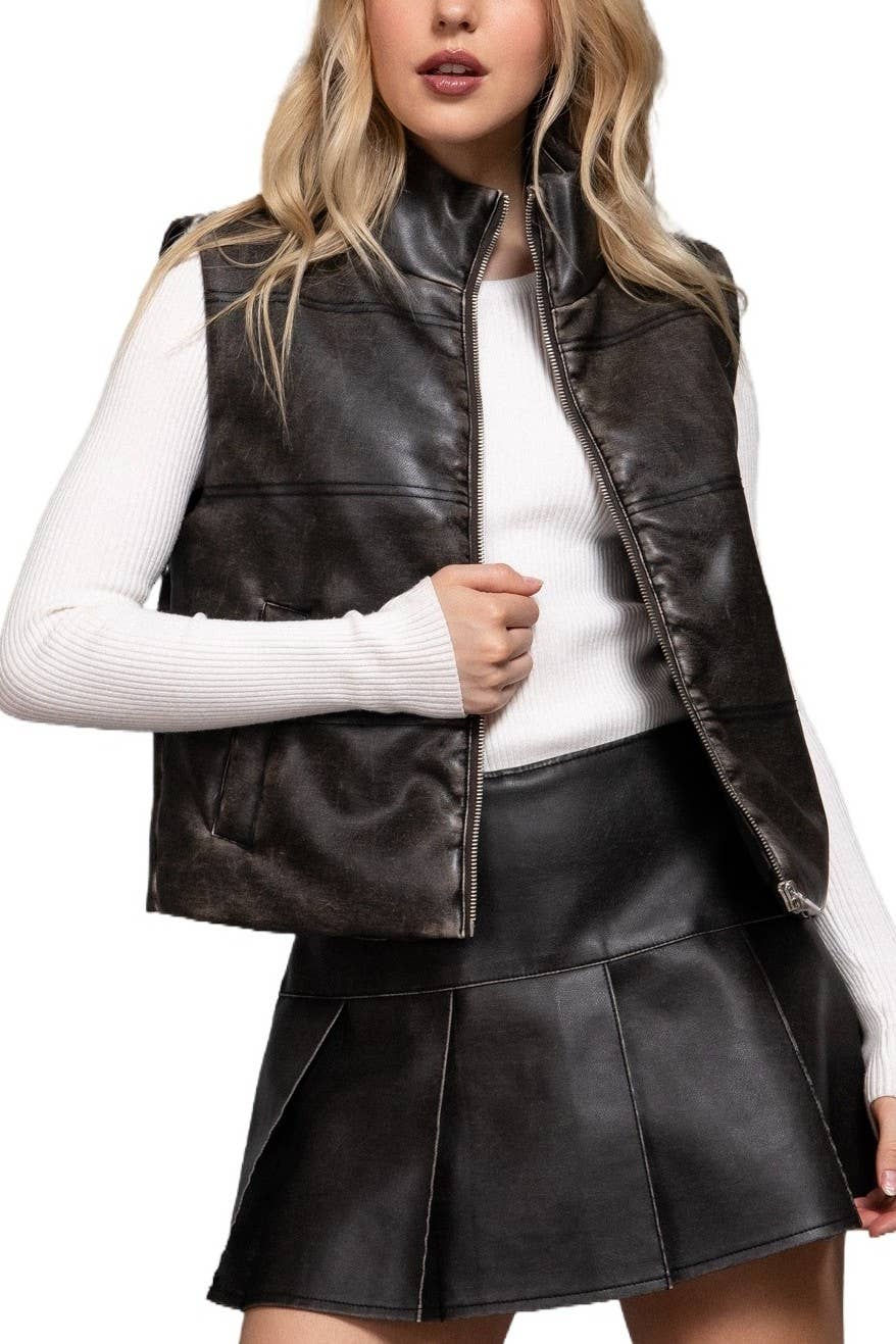 Vanilla Monkey - Wholesale Outerwear Vest - Women's - Wash Effect Faux Leather Vest0