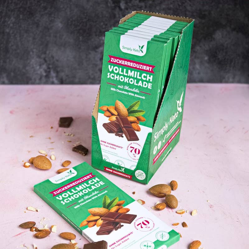 Simply Keto - Wholesale Chocoladereep - Suikerarme volle melkchocoladereep met amandelen1