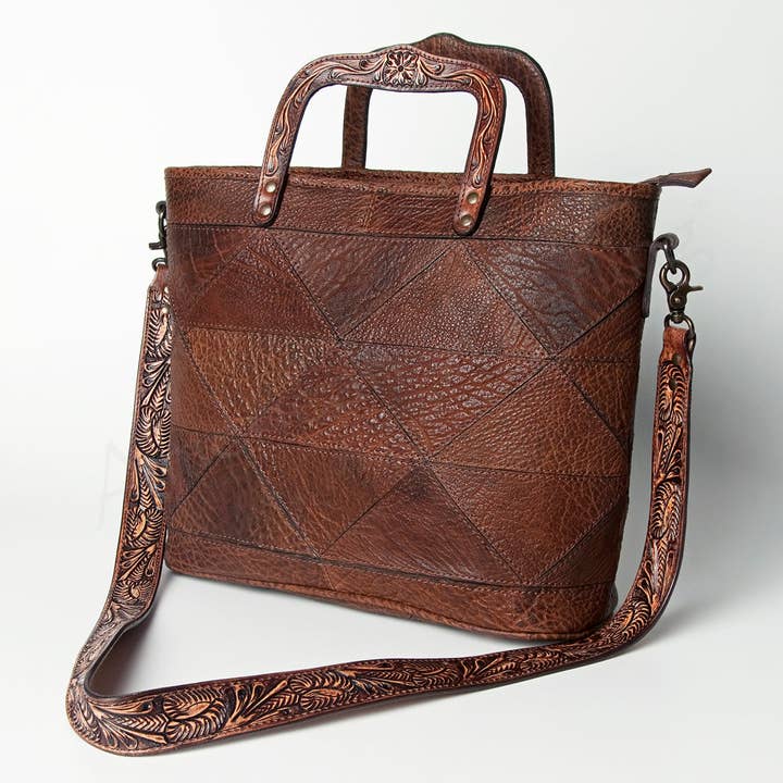 LS Western - Wholesale Tote Bag - Women's - LC-ADBGZ491 Patchwork Embossed Brown Leather Tote Bag - Tooled Handle & Strap Western Satchel