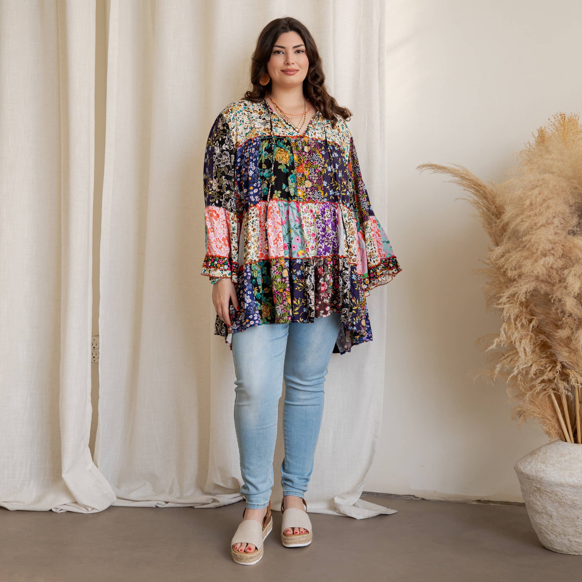 Multicolor Boho Multi-Print Patchwork Floral Tiered Tunic Top IN PLUS for wholesale on Faire14
