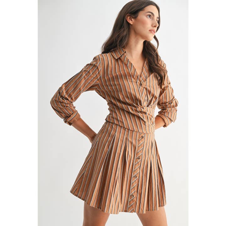 BROWN NAVY STRIPE STRIPED COLLARED SHIRT DRESS for wholesale on Faire8