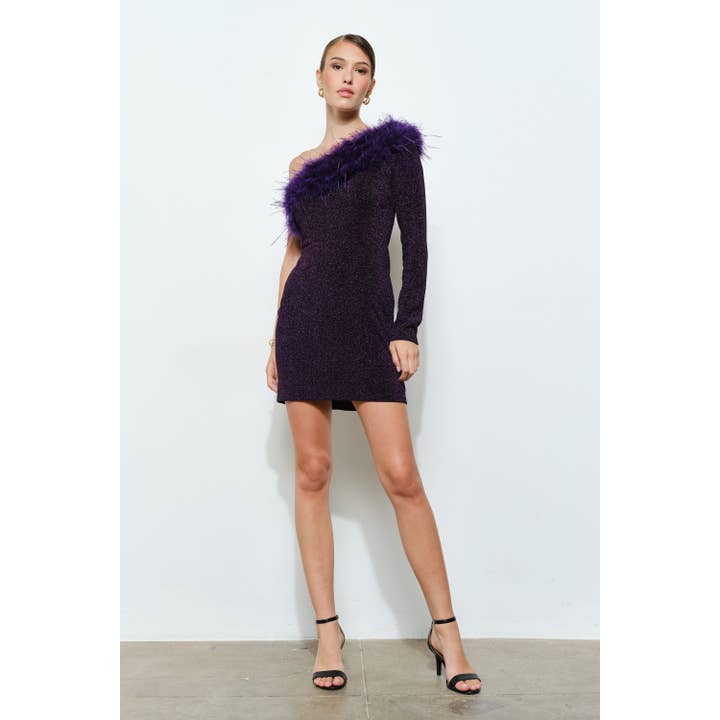 INA - Wholesale Dress - Women's - Feather-Trim One-Shoulder Glitter Mini Dress