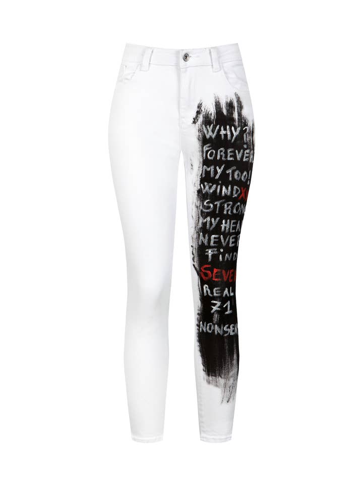 apiedinudinelparco - Wholesale Jeans - Women's - WOMEN'S WHITE STRETCH DENIM PANTS PAINTED WRITING