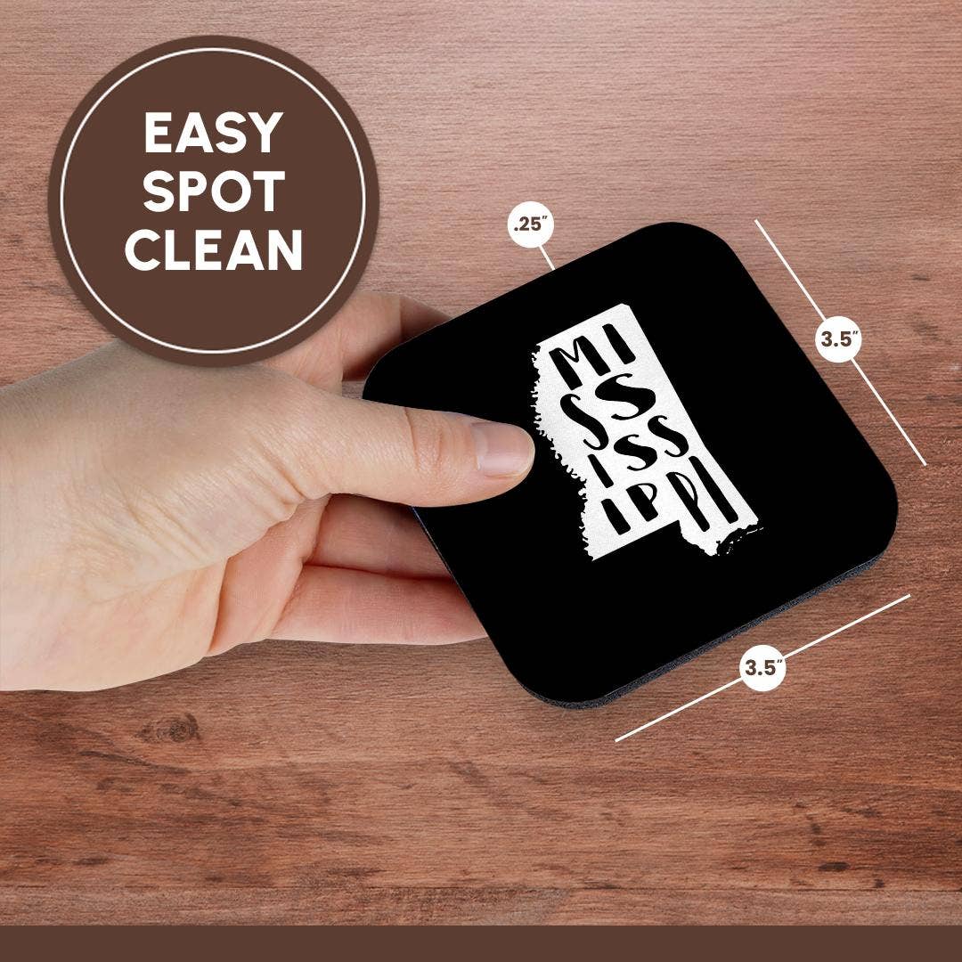 3dRose - Vente Sous-verre - 3dRose, Mississippi écrit à l'intérieur de l'État. Fond noir., Dessous de verre13