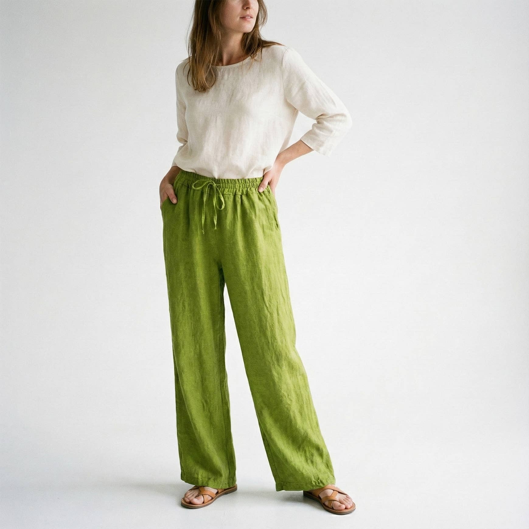L'Emotion - Wholesale Pants - Women's - Wide Leg Elastic Waist Drawstring Pants 100% Linen