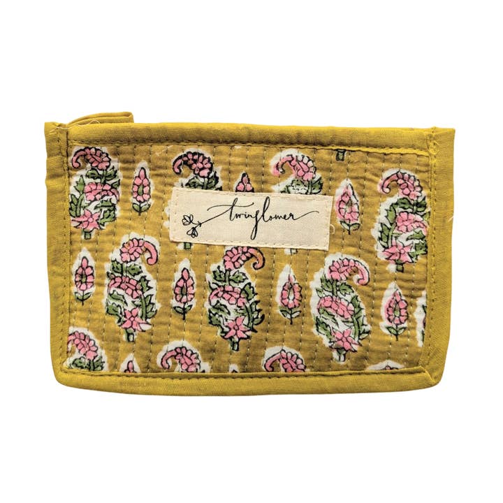 Yellow & Pink Flower Block Print Quilted Small Pouch Purse for wholesale by Twinflower