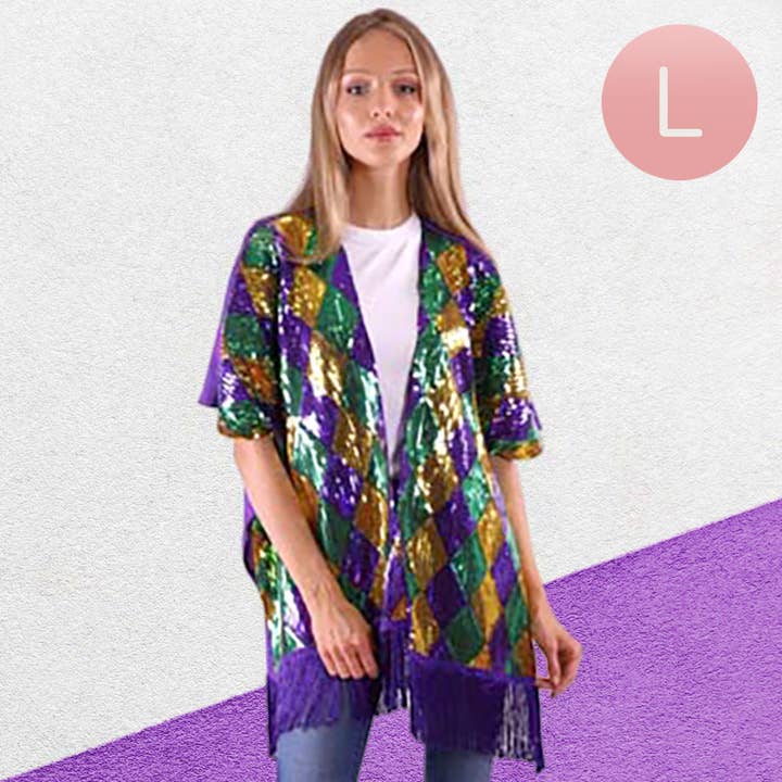 Mardi Gras Paljett Tofs Kimono Poncho för wholesale av Sensibling Corp.