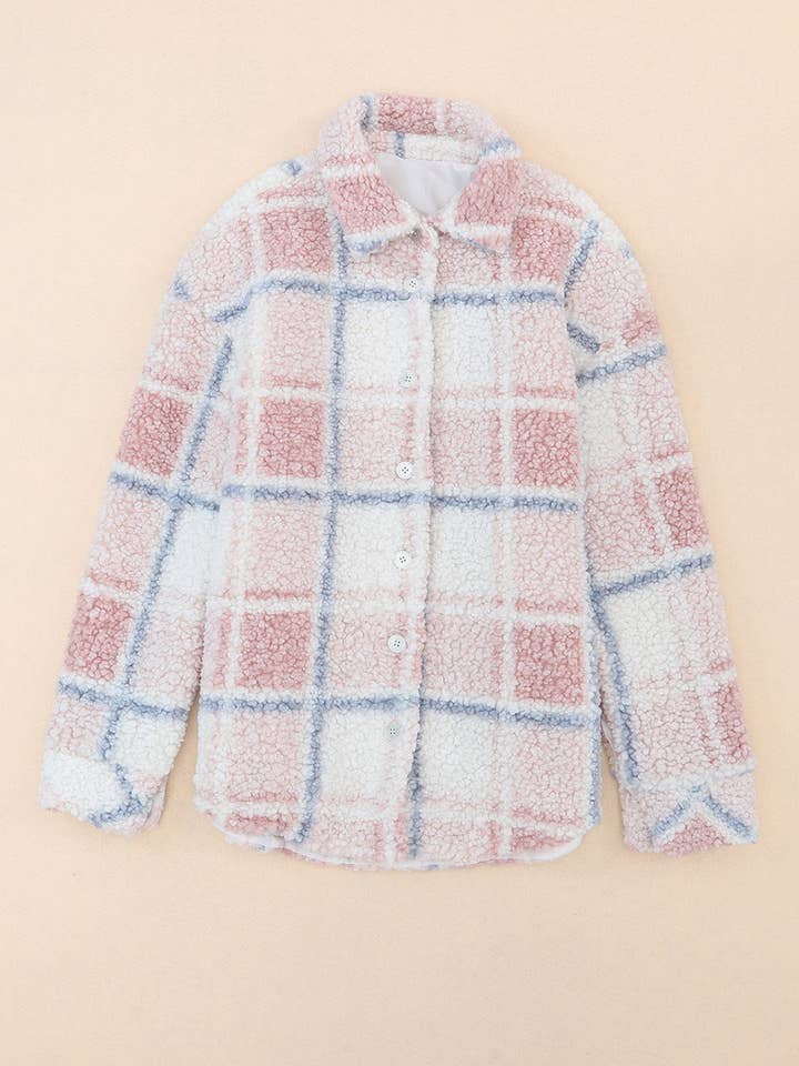 Multicolor Checker Print Turn Down Collar Sherpa Shacket for wholesale on Faire