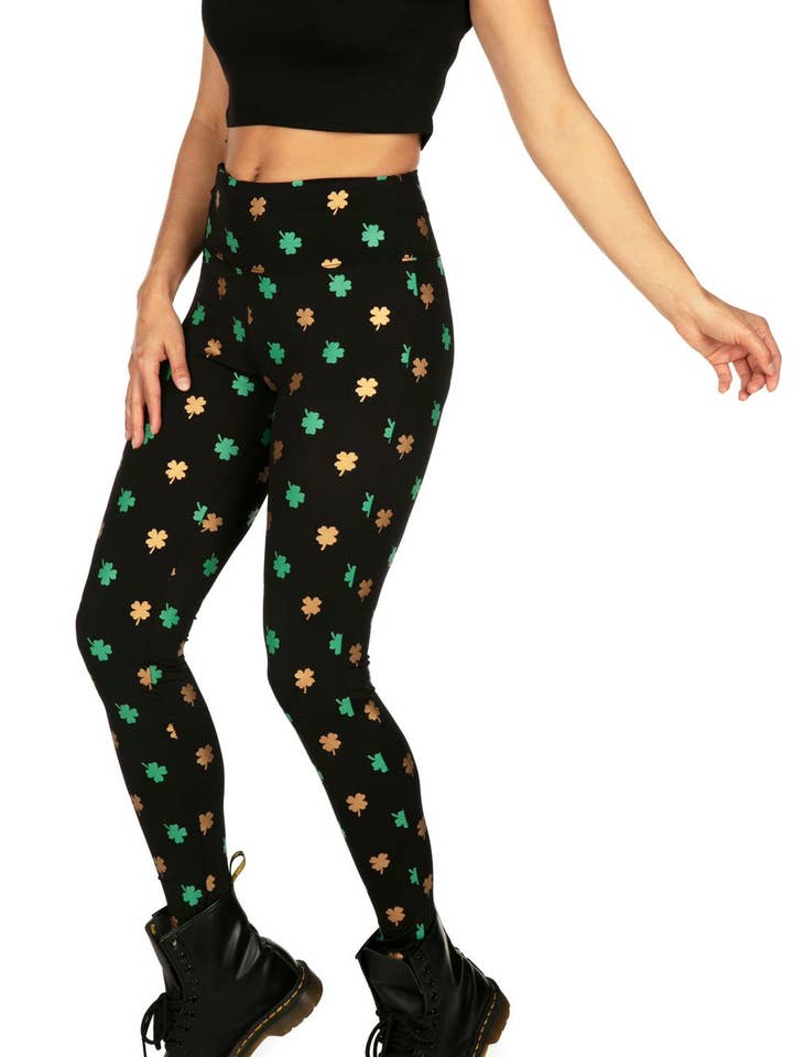Legging taille haute en forme de trèfle doré pour femme pour la vente par Tipsy Elves