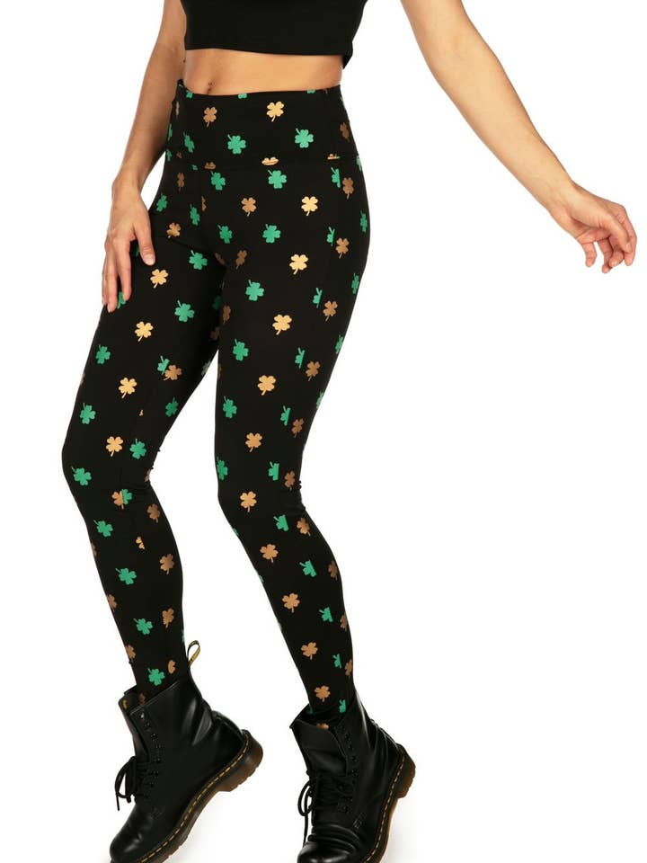Women's Gold Foil Clover High Waisted Leggings for wholesale by Tipsy Elves