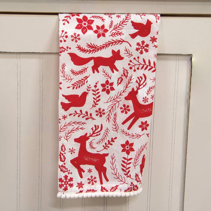 Col House Designs - Wholesale Christmas Decoration - Yuletide Forest & Floral Folklore Dish Towel w/White Pom Pom1